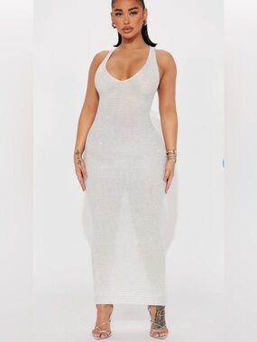 Elegant White V-Neck Maxi Dress Silver Rhinestones